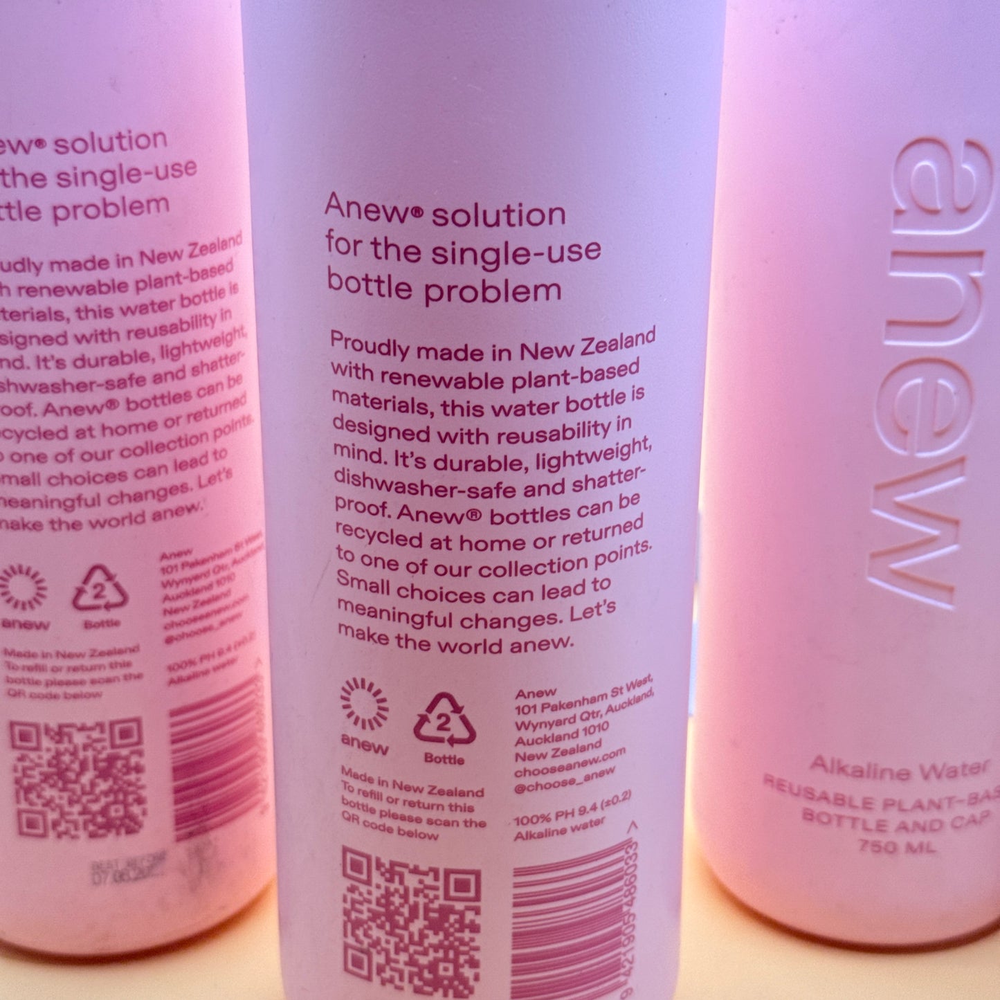 Anew Reusable Plant-Based Alkaline Water Bottles 750ml - Set of 4 pink bottles