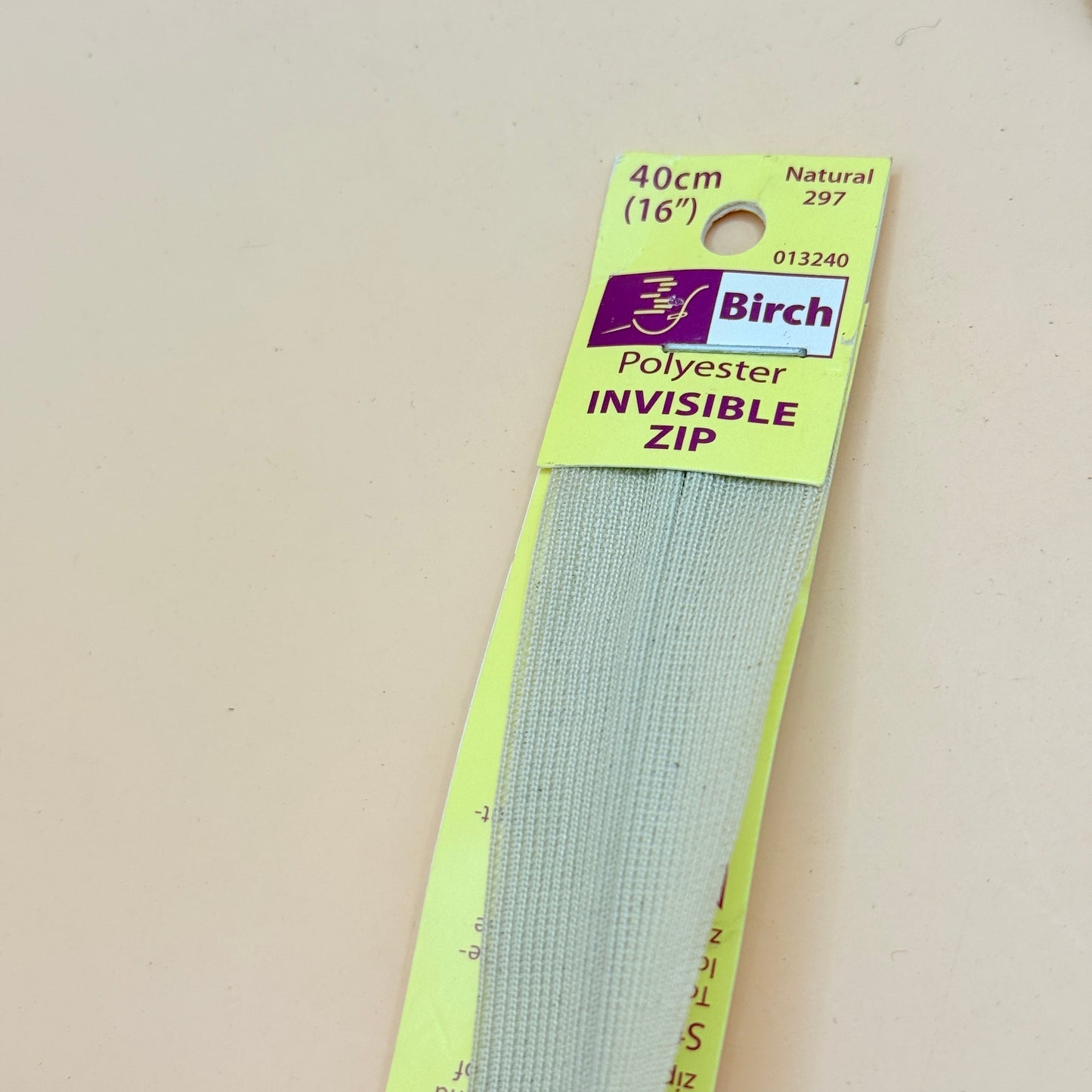 Birch Polyester Invisible Zip 40cm Natural Sewing Zipper