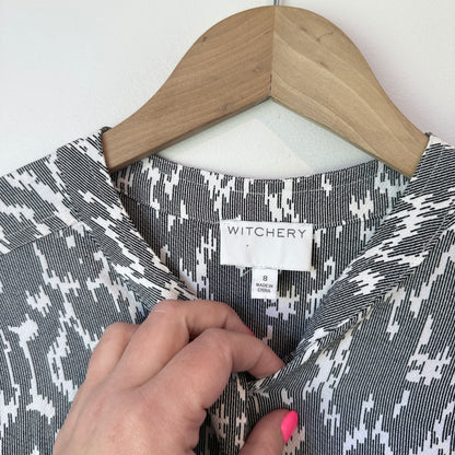 Witchery Size 8 Gray & White Abstract Print Long-Sleeve Dress