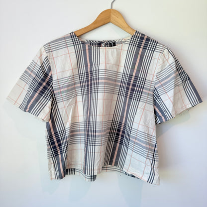 Huffer Size 14 White, Blue & Pink Plaid Short-Sleeve Cotton Top