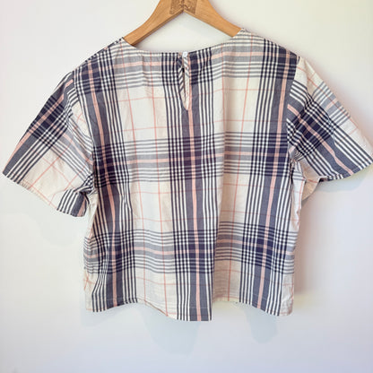 Huffer Size 14 White, Blue & Pink Plaid Short-Sleeve Cotton Top