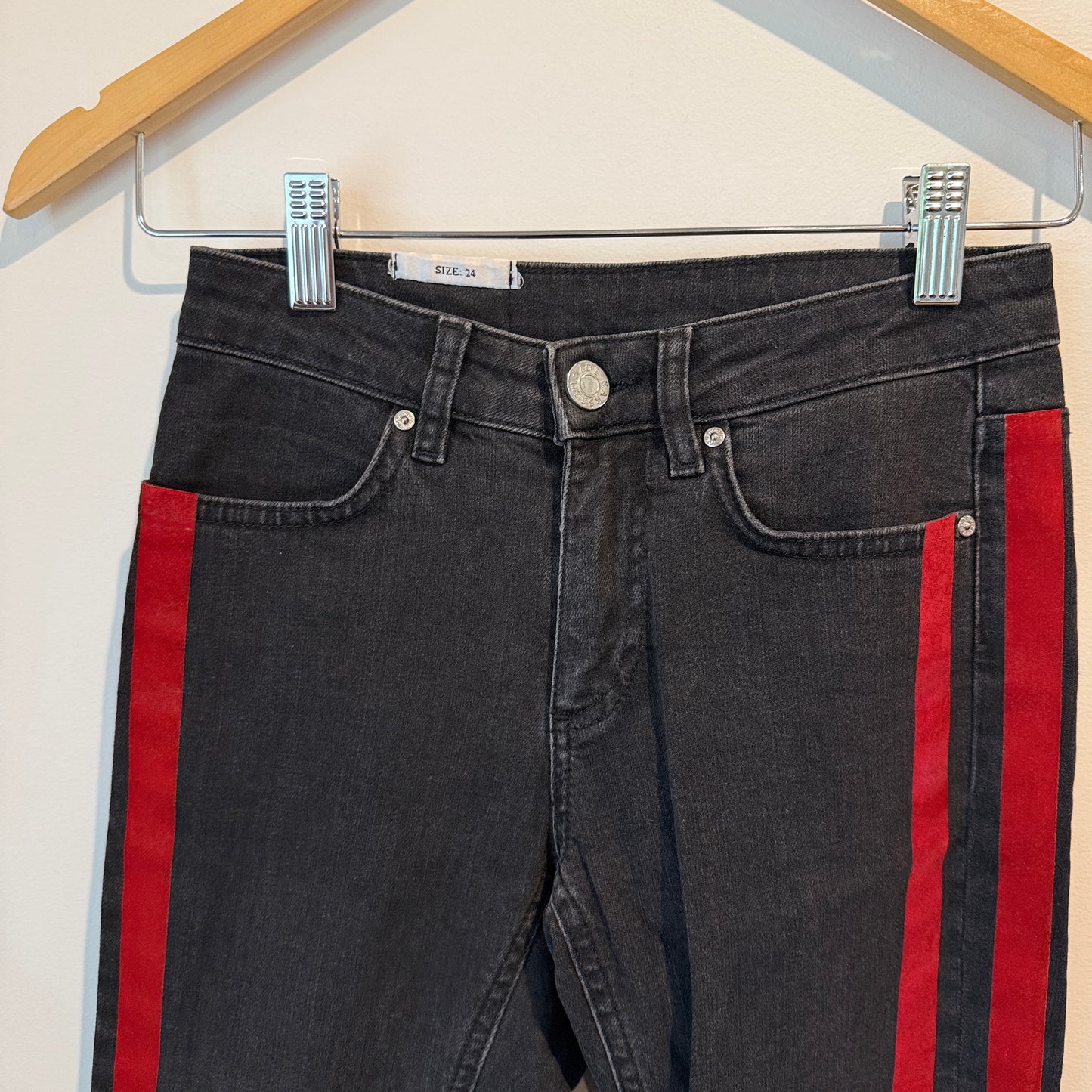 Zoe Karssen Size 24 Black Denim Jeans with Red Side Stripes