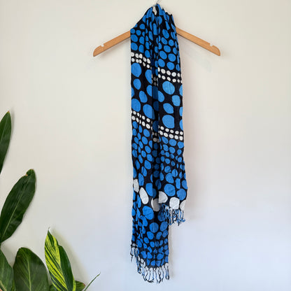Polka-Dot Scarf/Shawl – Blue, White & Black with Fringe
