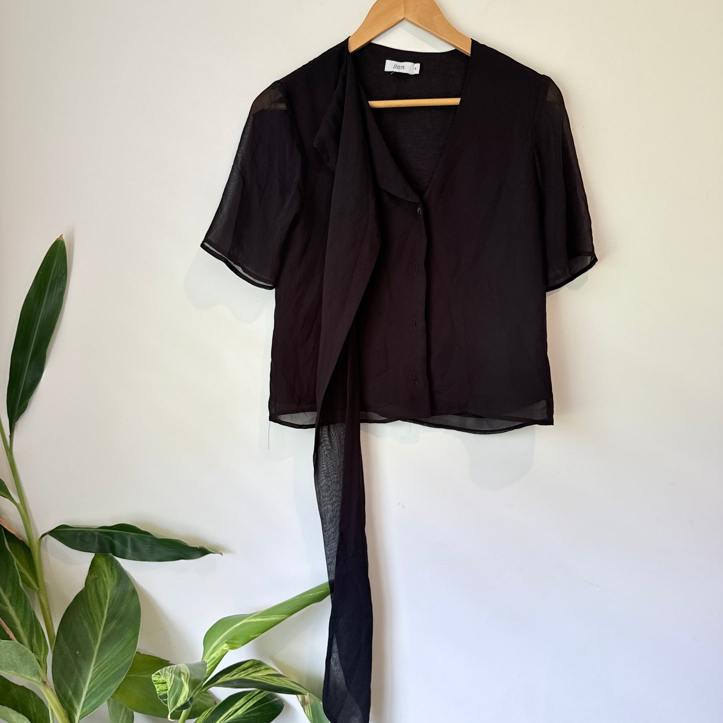 Liam (NZ)Sheer Short-Sleeve Button Front Blouse in Black – Size 6