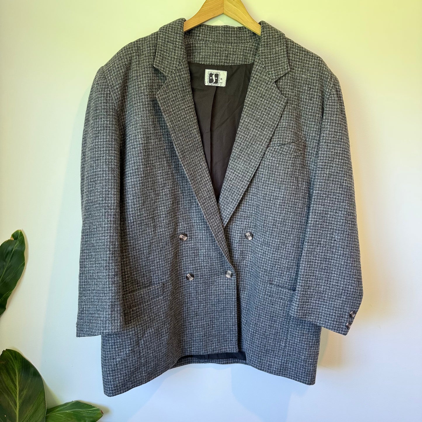 Sportscraft (NZ Made) Size 16 Gray Houndstooth Wool Blazer – Double-Breasted Classic