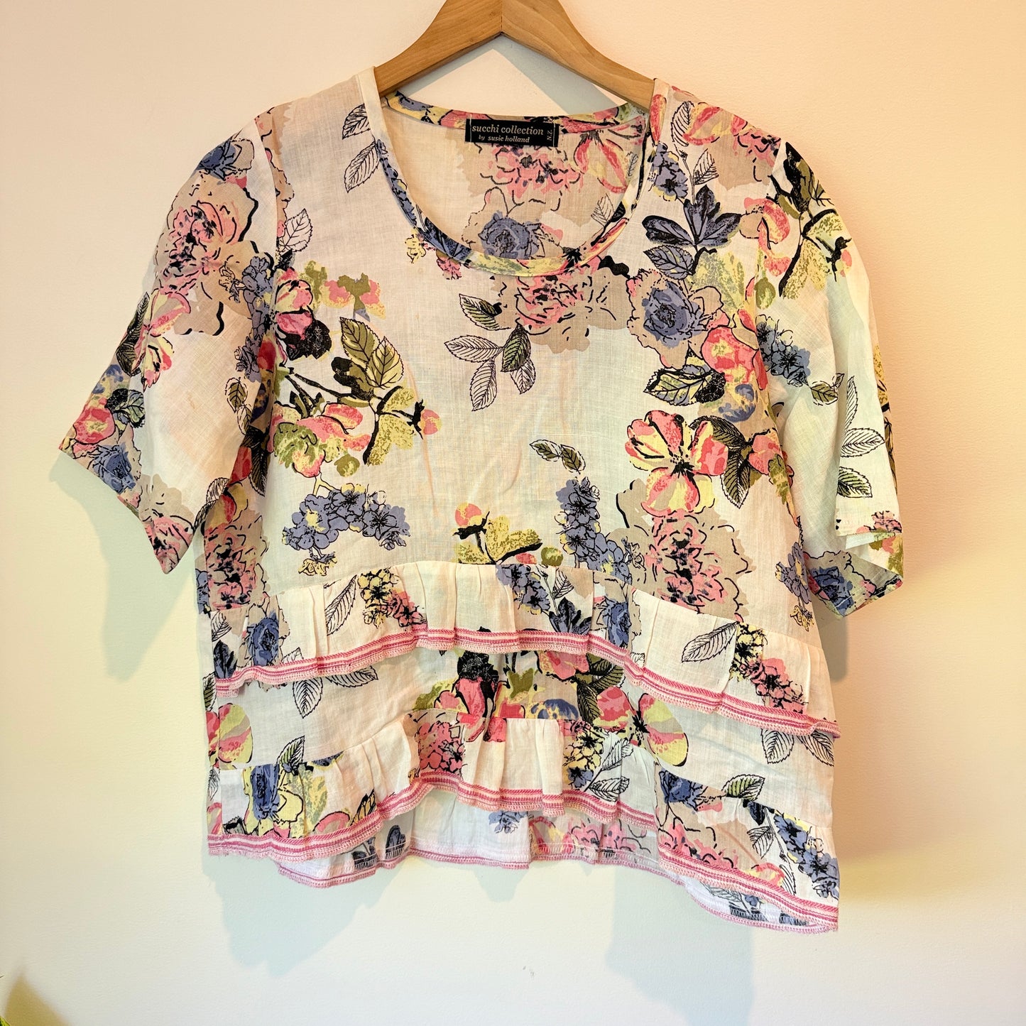 Susie Holland NZ Made Cotton Floral Ruffle Detail Top - 51cm Underarm