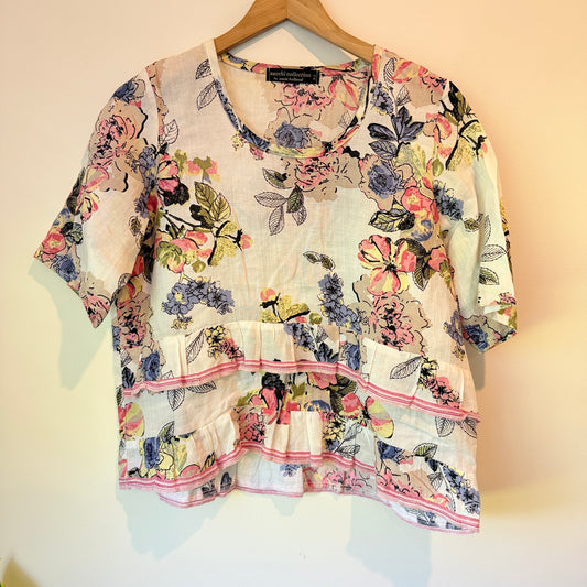 Susie Holland NZ Made Cotton Floral Ruffle Detail Top - 51cm Underarm
