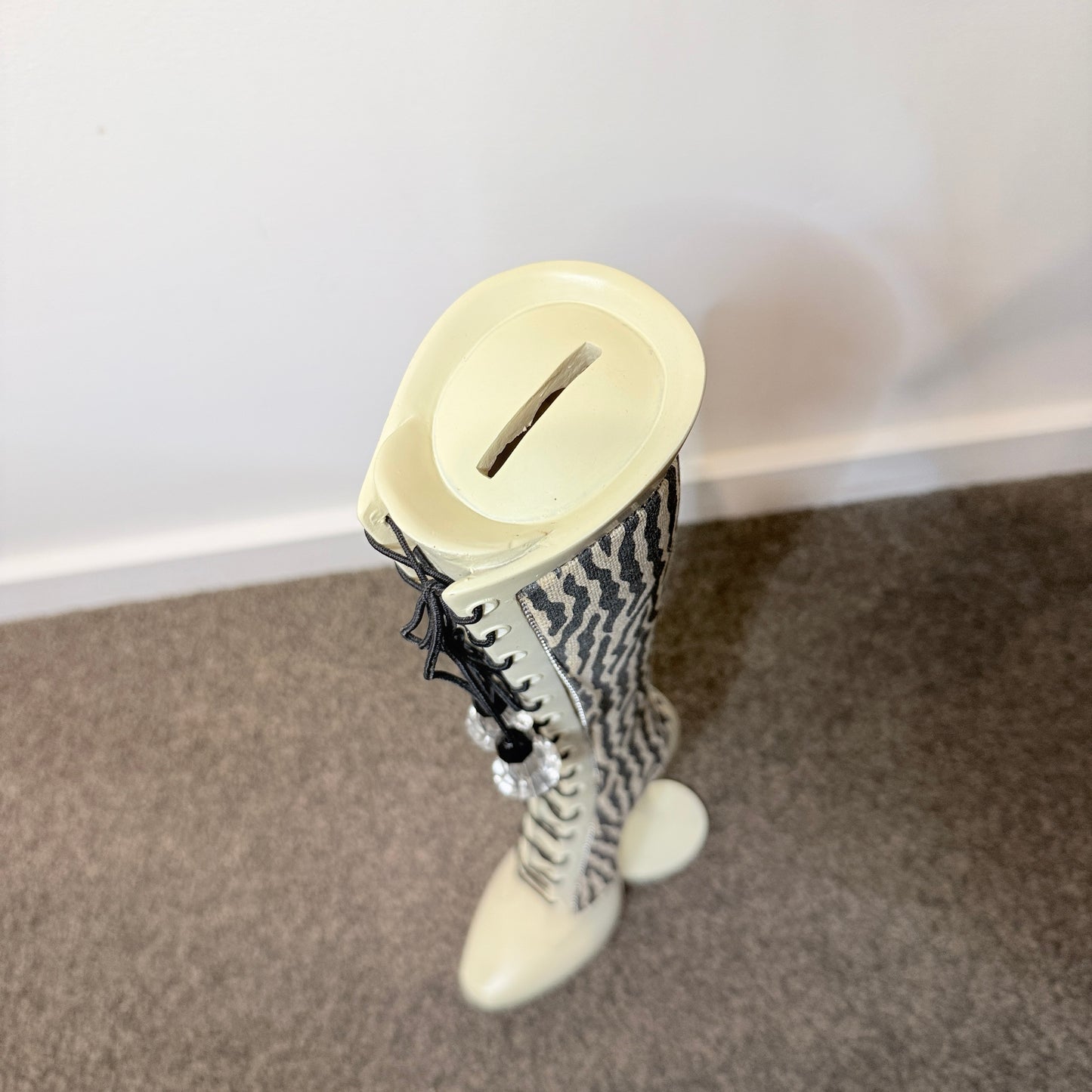 Amberlene Access Tall Lace-Up Boot Coin Bank – Zebra Print Money Box