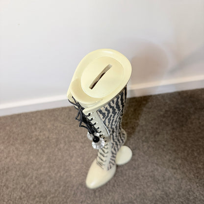Amberlene Access Tall Lace-Up Boot Coin Bank – Zebra Print Money Box