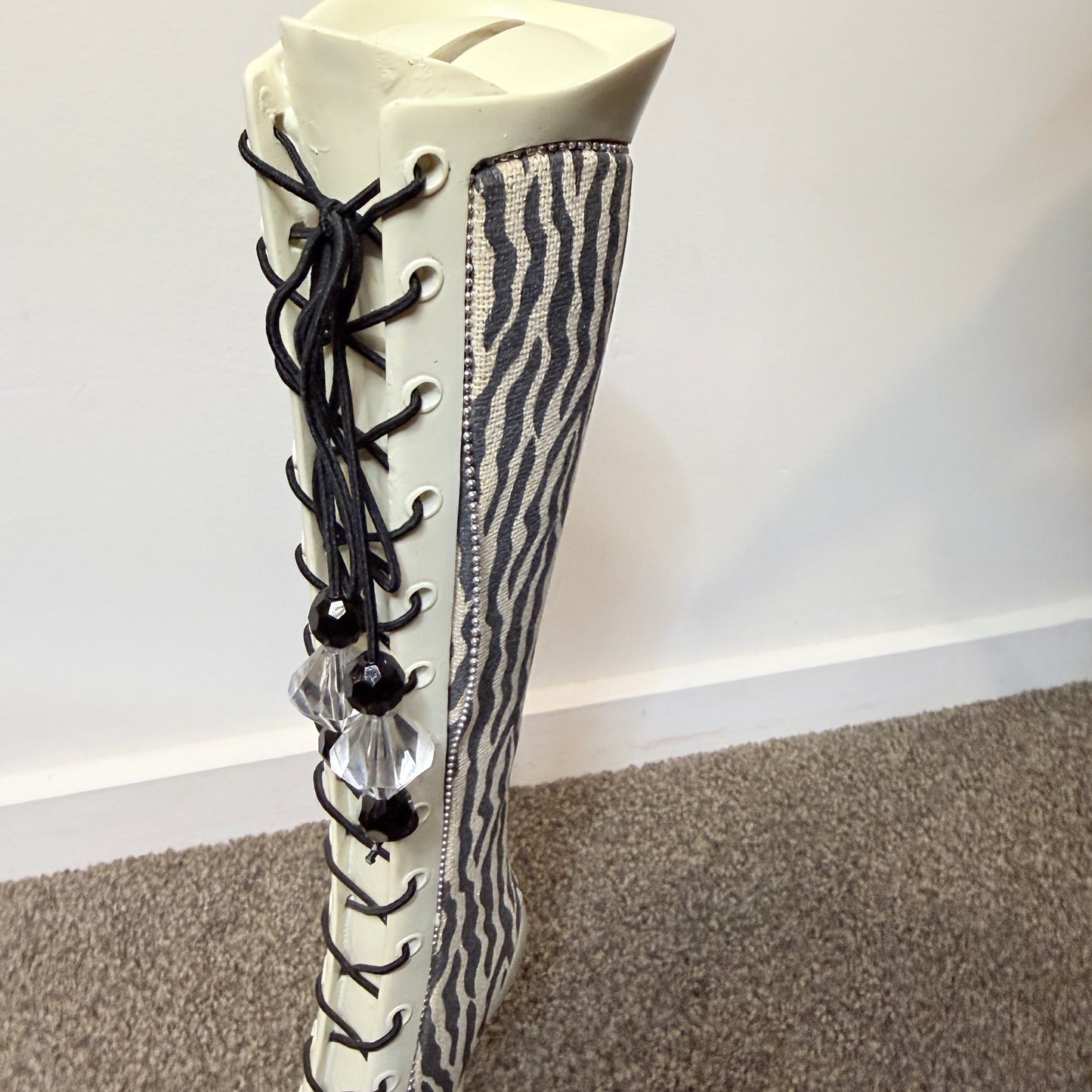 Amberlene Access Tall Lace-Up Boot Coin Bank – Zebra Print Money Box