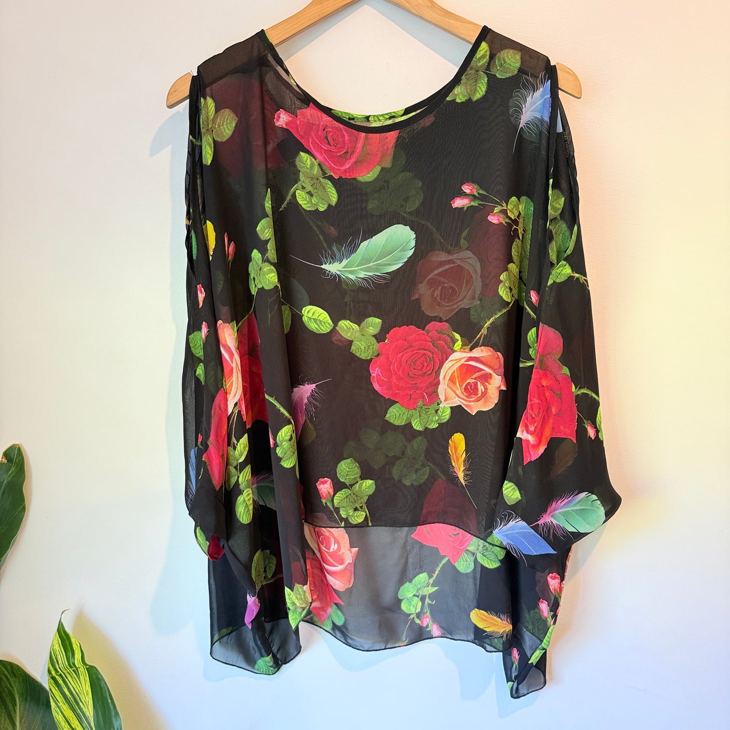 Black Chiffon Cold Shoulder Blouse with Floral & Feather Print - One Size