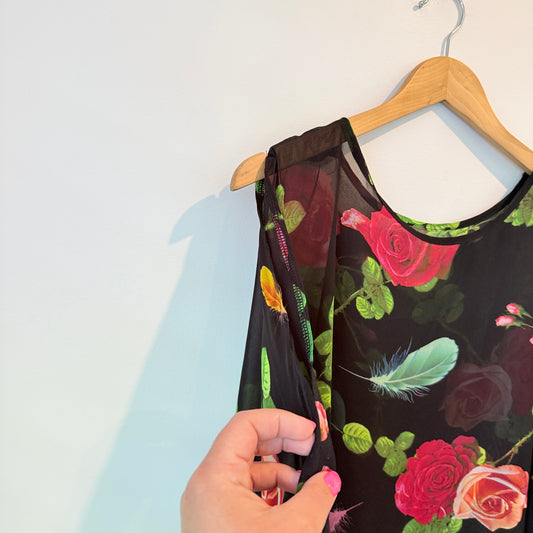 Black Chiffon Cold Shoulder Blouse with Floral & Feather Print - One Size