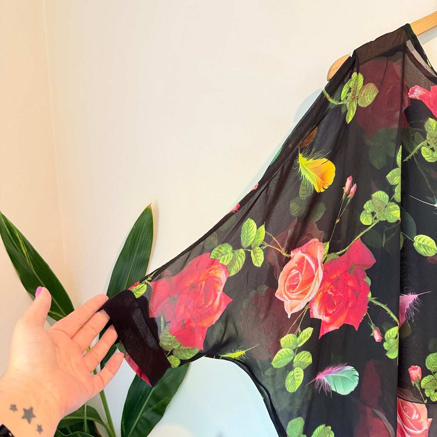 Black Chiffon Cold Shoulder Blouse with Floral & Feather Print - One Size