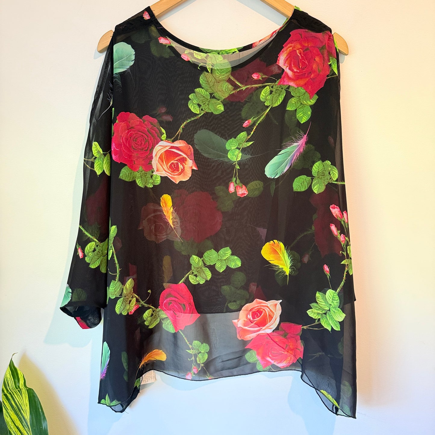 Black Chiffon Cold Shoulder Blouse with Floral & Feather Print - One Size