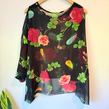 Black Chiffon Cold Shoulder Blouse with Floral & Feather Print - One Size