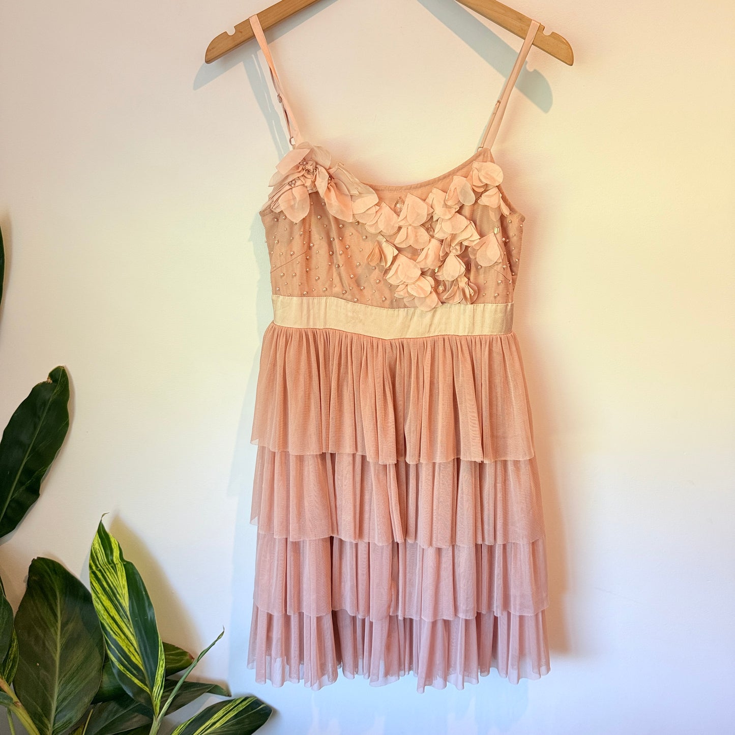 Alannah Hill Size 10 Pink Tiered Dress with Floral Appliqué