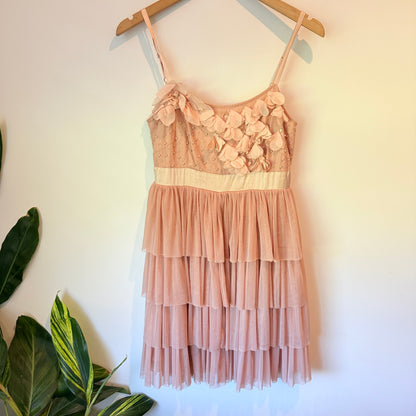 Alannah Hill Size 10 Pink Tiered Dress with Floral Appliqué