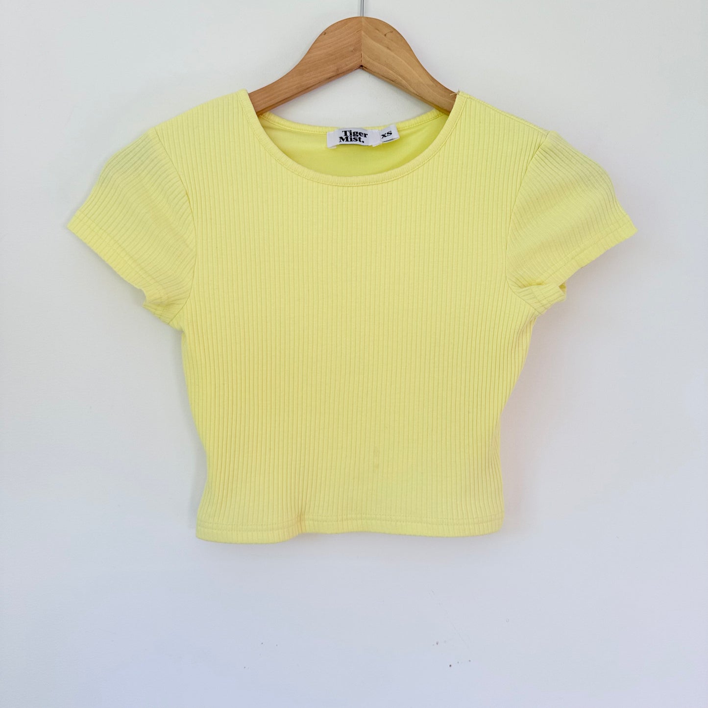 Tiger Mist Yellow Crop Top – Short Sleeve, Trendy Style, XS