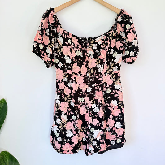 Dotti Black Floral Off-Shoulder Mini Dress – Puff Sleeves, Size 10