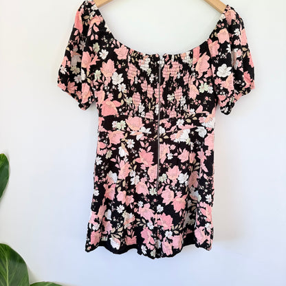 Dotti Black Floral Off-Shoulder Mini Dress – Puff Sleeves, Size 10