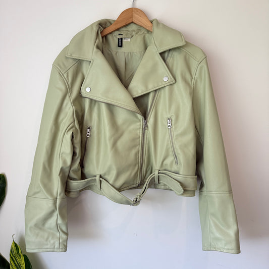 H&M Divided Size M Light Sage Green Faux Leather Biker Jacket