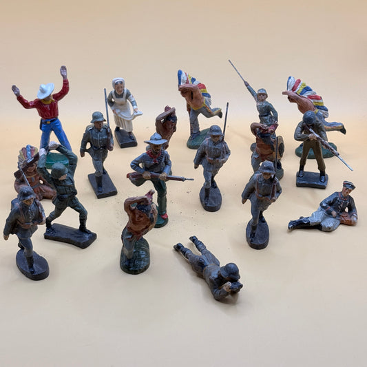 1940s WWII German & Cowboy/Indian Elastolin & Lineol Figurines – Mixed Lot of 18
