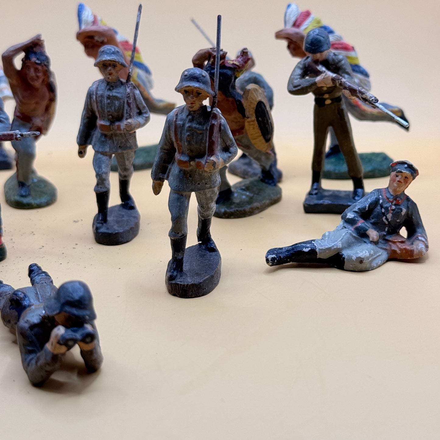 1940s WWII German & Cowboy/Indian Elastolin & Lineol Figurines – Mixed Lot of 18
