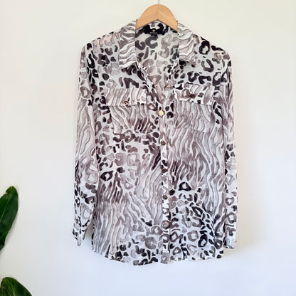 Amaya Gray & Black Animal Print Sheer Blouse – Button-Down, Size 8