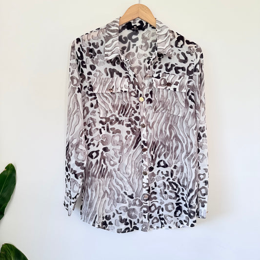 Amaya Gray & Black Animal Print Sheer Blouse – Button-Down, Size 8