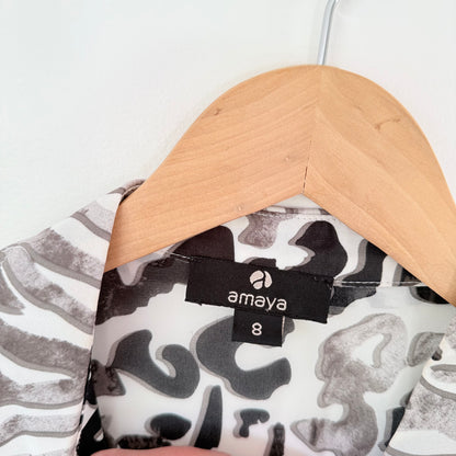 Amaya Gray & Black Animal Print Sheer Blouse – Button-Down, Size 8