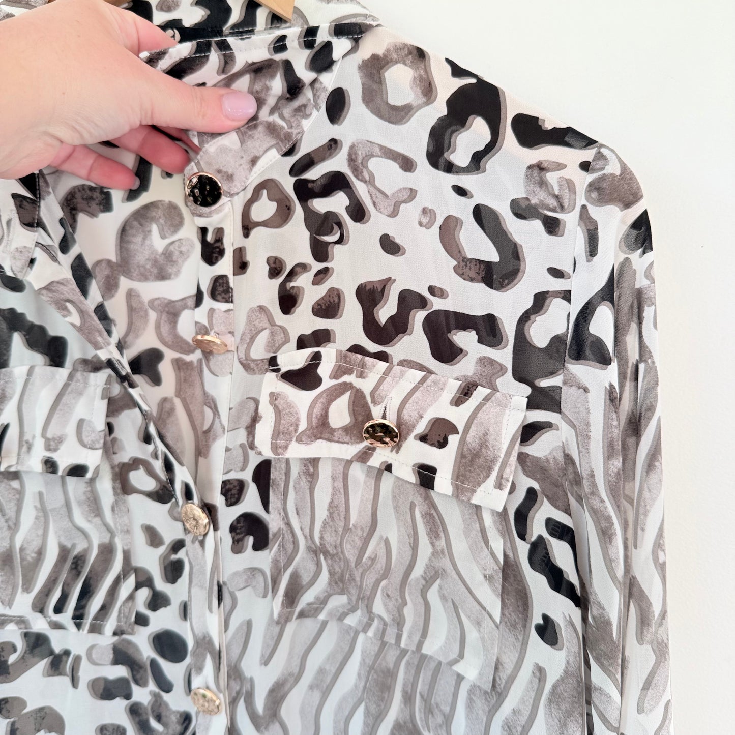 Amaya Gray & Black Animal Print Sheer Blouse – Button-Down, Size 8