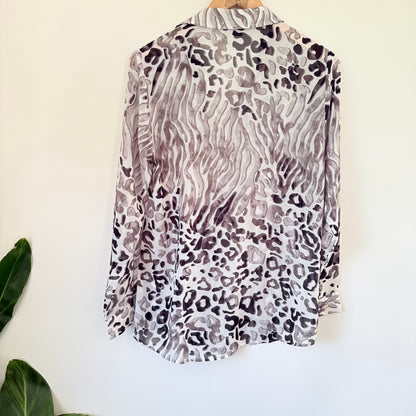 Amaya Gray & Black Animal Print Sheer Blouse – Button-Down, Size 8