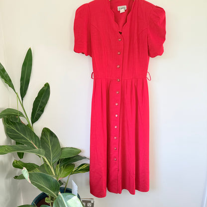 Vintage Katies Red Button-Down Midi Tea Dress – Puff Sleeves, Size 10