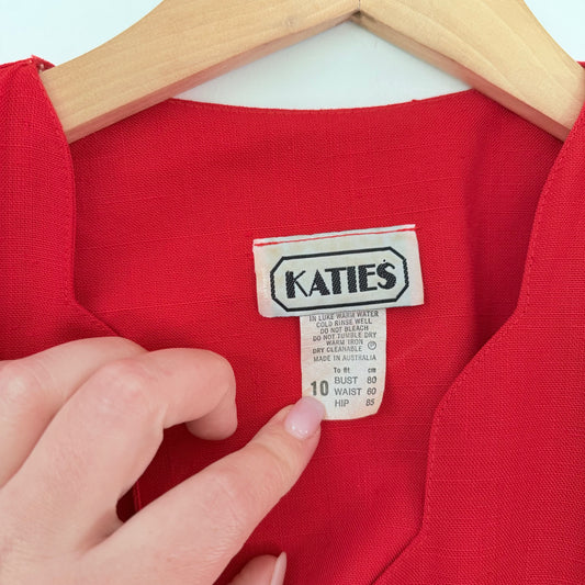 Vintage Katies Red Button-Down Midi Tea Dress – Puff Sleeves, Size 10