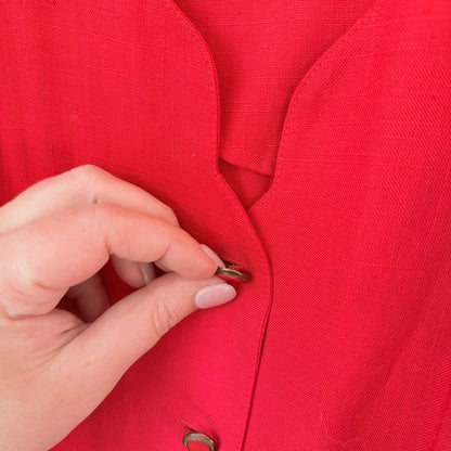 Vintage Katies Red Button-Down Midi Tea Dress – Puff Sleeves, Size 10