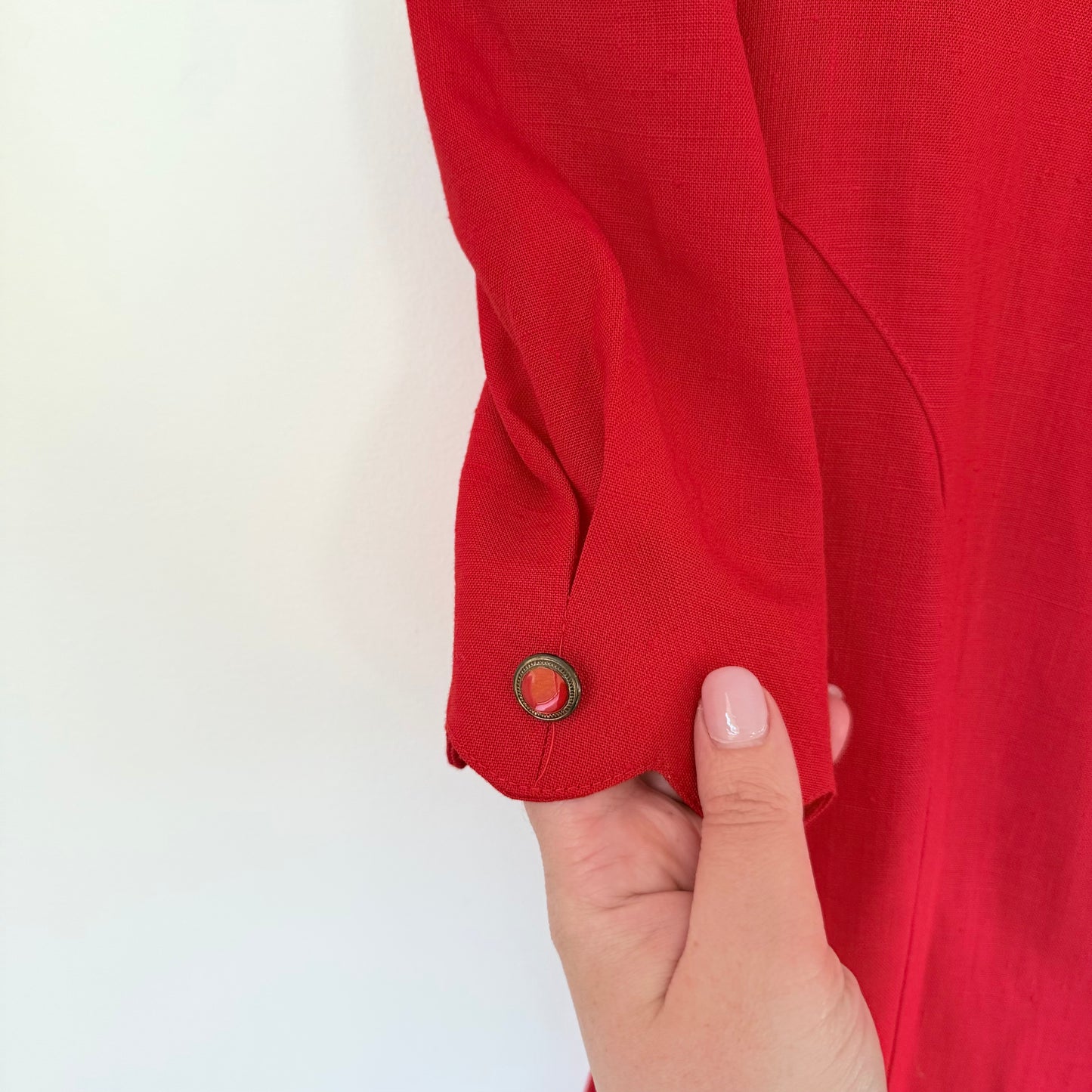 Vintage Katies Red Button-Down Midi Tea Dress – Puff Sleeves, Size 10
