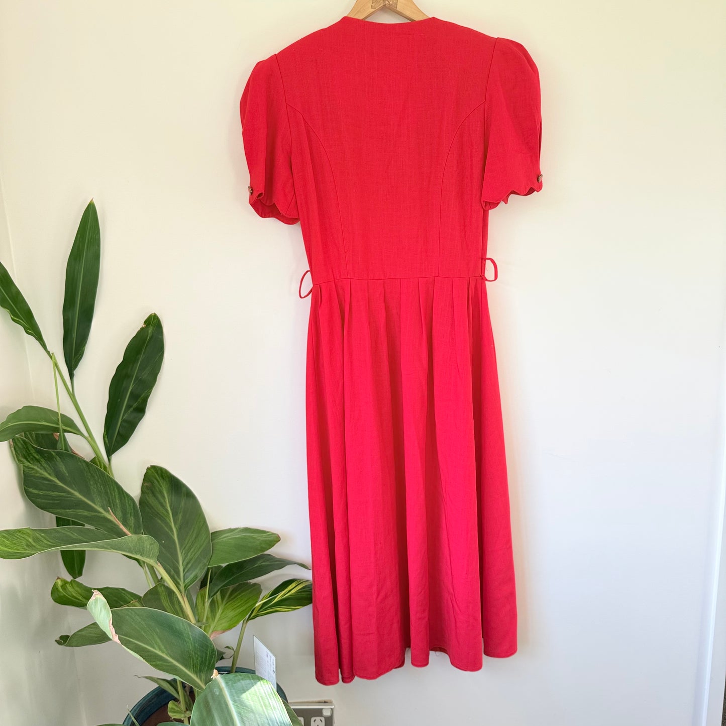 Vintage Katies Red Button-Down Midi Tea Dress – Puff Sleeves, Size 10