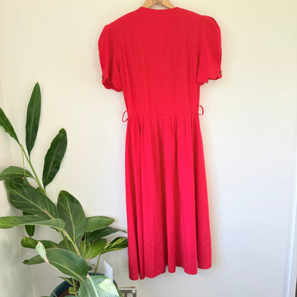 Vintage Katies Red Button-Down Midi Tea Dress – Puff Sleeves, Size 10
