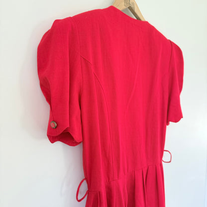Vintage Katies Red Button-Down Midi Tea Dress – Puff Sleeves, Size 10