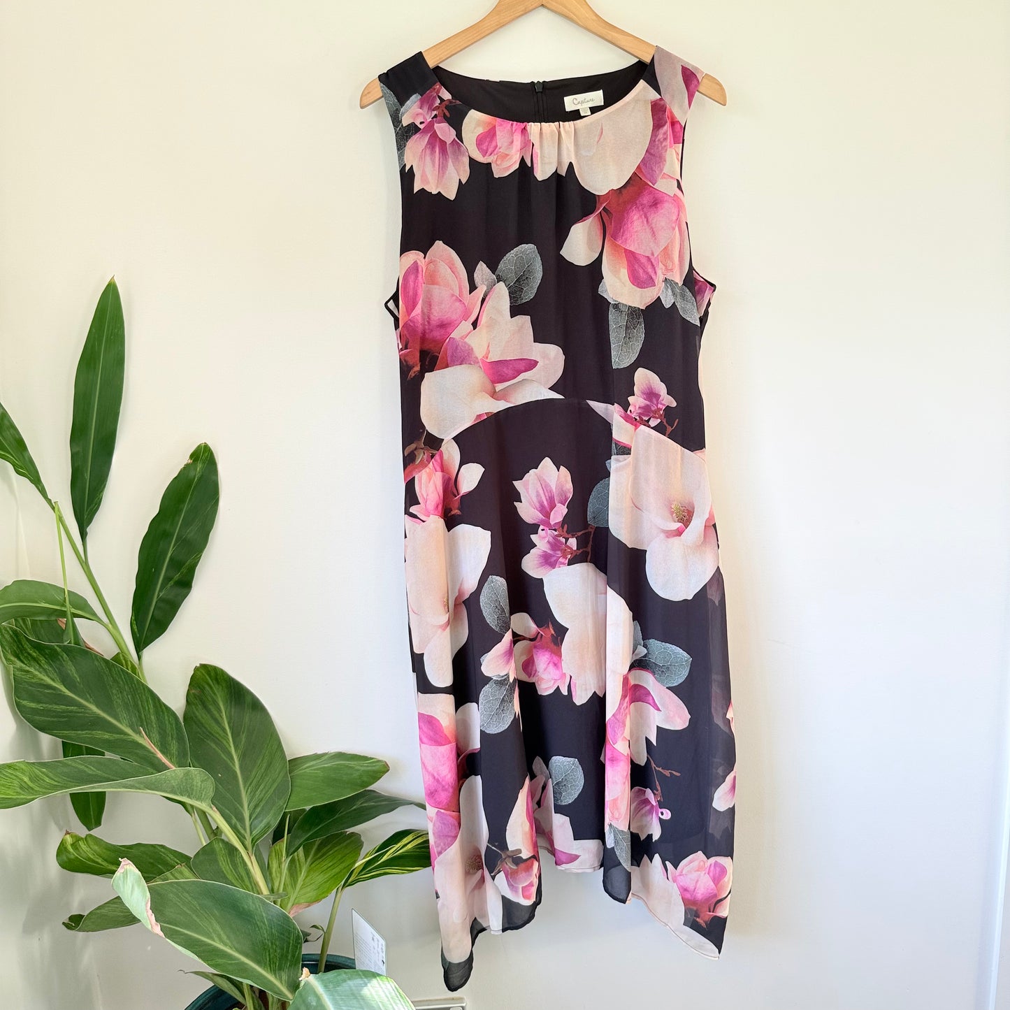 Capture Black Floral Sleeveless Dress – Asymmetrical Hem, Size 8