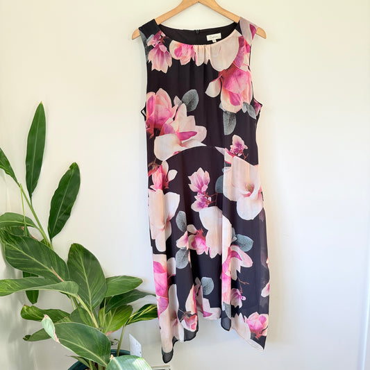 Capture Black Floral Sleeveless Dress – Asymmetrical Hem, Size 8