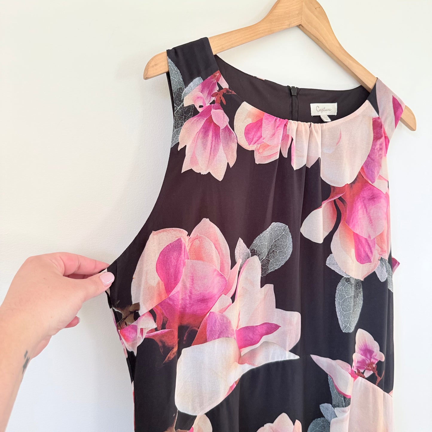 Capture Black Floral Sleeveless Dress – Asymmetrical Hem, Size 8