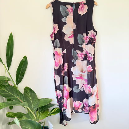 Capture Black Floral Sleeveless Dress – Asymmetrical Hem, Size 8