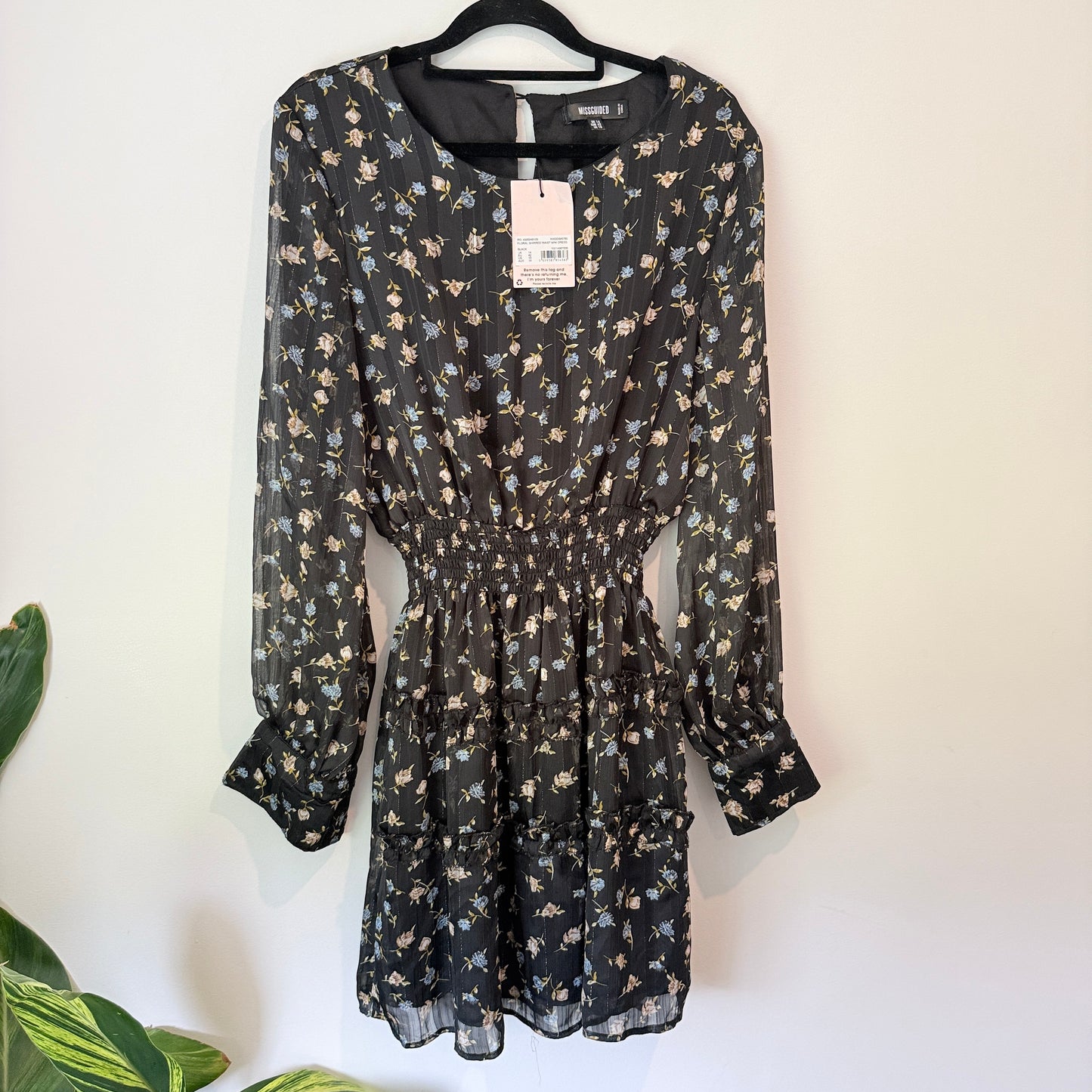 Missguided Floral Shirred Waist Mini Dress Size 14