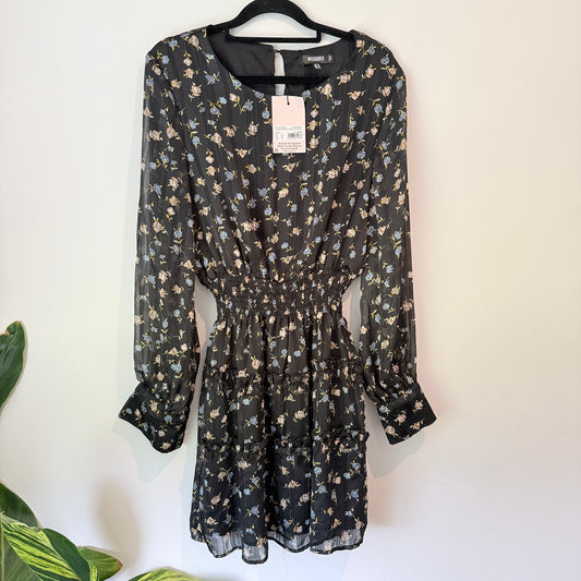 Missguided Floral Shirred Waist Mini Dress Size 14