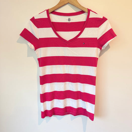 Tommy Hilfiger Red & White Striped V-Neck T-Shirt – Size S