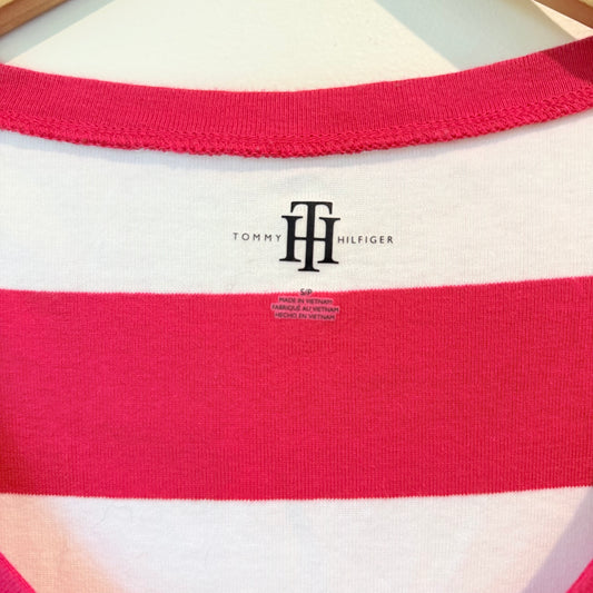 Tommy Hilfiger Red & White Striped V-Neck T-Shirt – Size S
