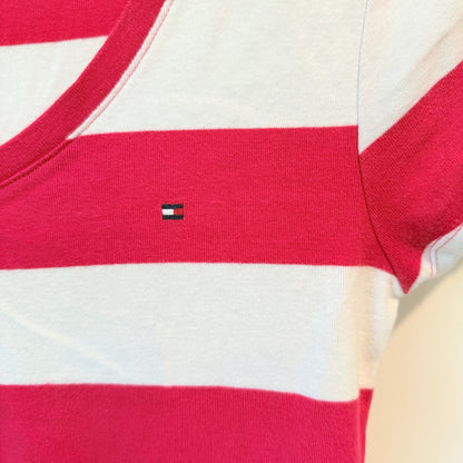 Tommy Hilfiger Red & White Striped V-Neck T-Shirt – Size S