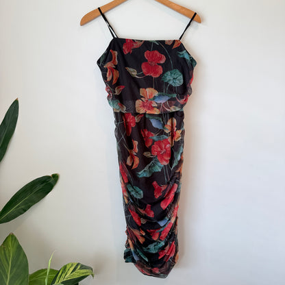 Pagani Floral Mesh Ruched Midi Dress – Size 12