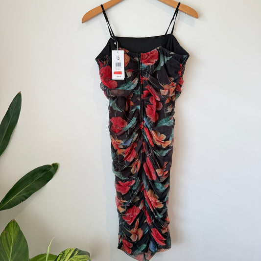 Pagani Floral Mesh Ruched Midi Dress – Size 12